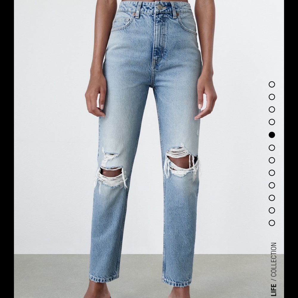 Zara high rise ripped mom fit jeans.